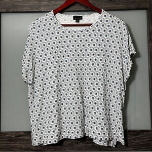 J. Jill Boxy White and Blue Micro Floral Cap Sleeve Top Wearever Collection LP